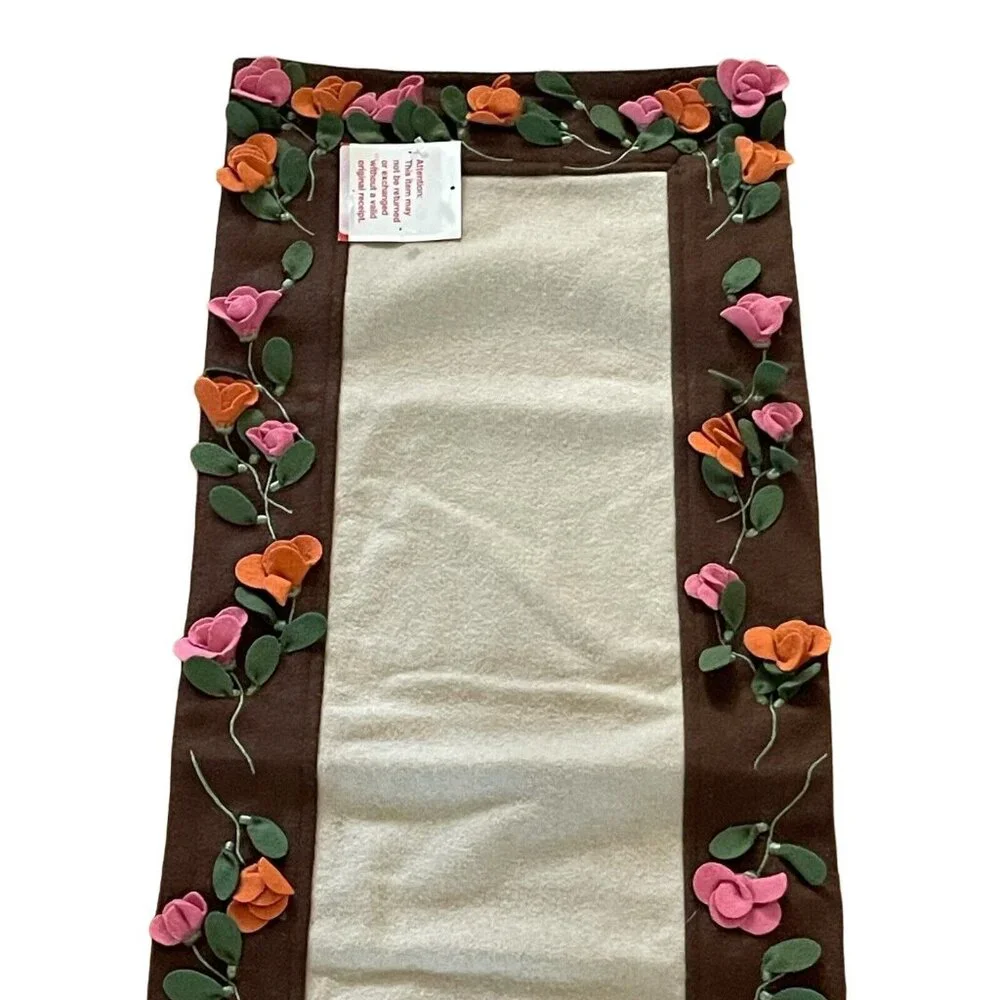 Pier 1 Imports Table Runner Jardinia 14” X 69” 3D Fabric Flowers Brown Tan‎ Wool